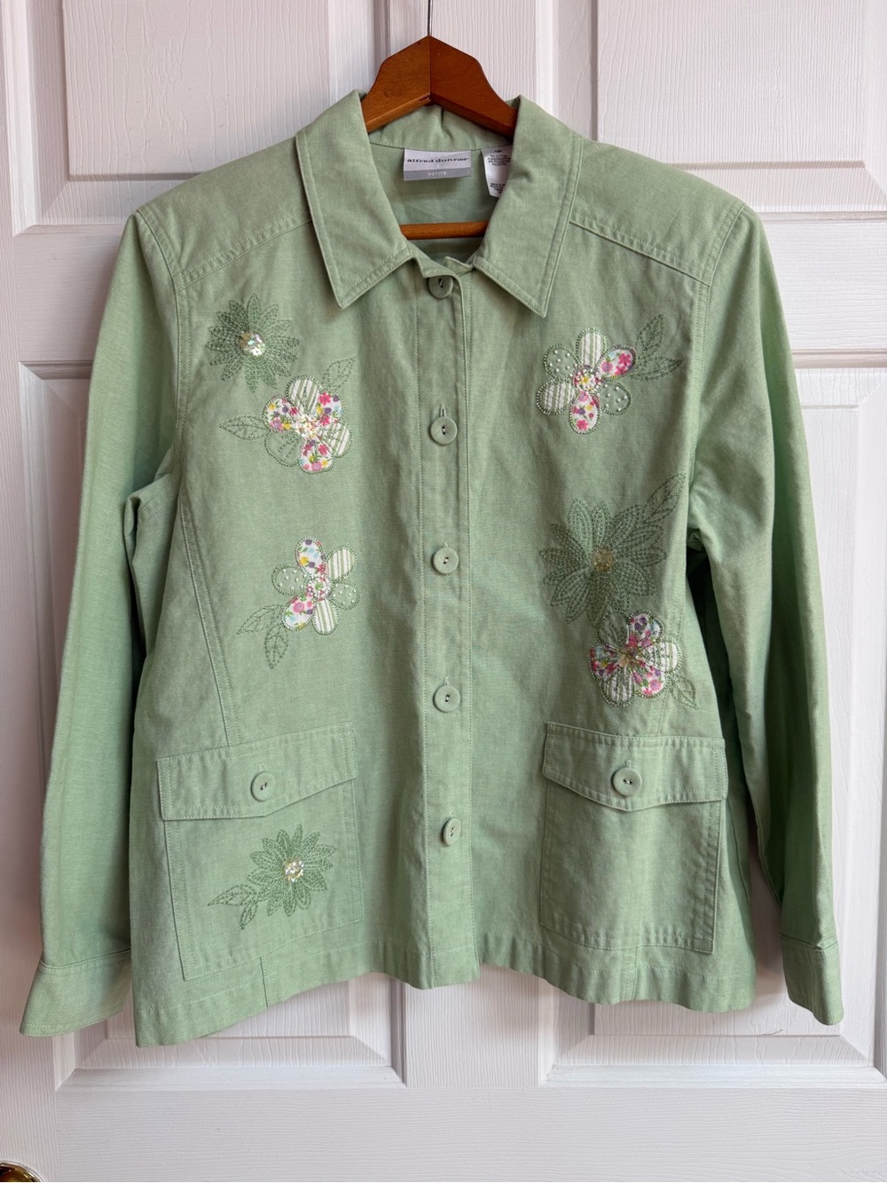 Alfred Dunner Light Green Embroidered Floral Jean Jacket